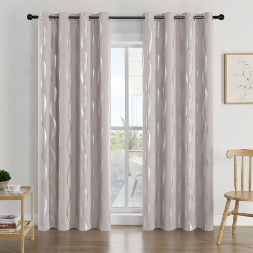4Pcs Blackout Curtains Grommet Thermal Insulated Room Darkening  With Wave Foil Printed For Bedroom