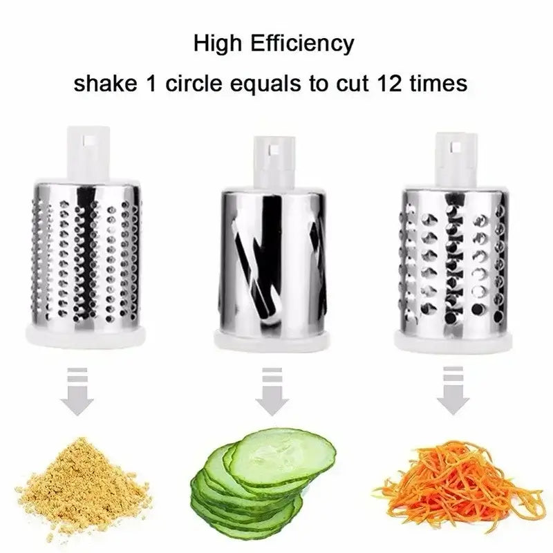 High efficiency rotary vegetable slicer drums, stainless steel with grated vegetables and cheese below.