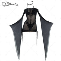 MEOWCOS Women Gothic Black Sexy Lingerie Skeleton Print See Though Dress and Bikini Set with Choker