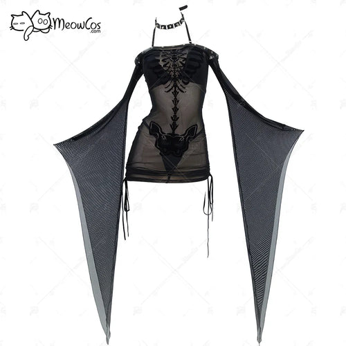 MEOWCOS Women Gothic Black Sexy Lingerie Skeleton Print See Though Dress and Bikini Set with Choker