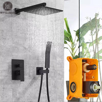 Matte Black Wall Mount Bathroom Shower Faucet 8/10/12/16 Inch Rainfall Mixed Hot Cold Water Mixer Bathtub Tap with Hand Sprayer