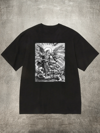 Men's Black 200g Cotton Crew - Neck Short - Sleeve T - Shirt with Angel Vs. Demon Heat - Transfer Print