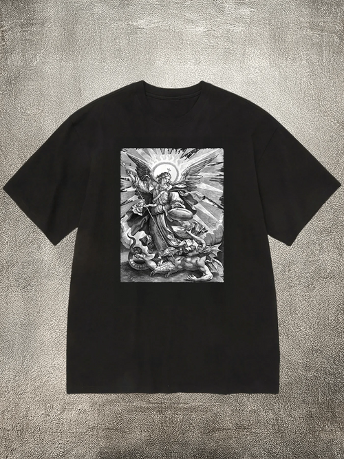 Men's Black 200g Cotton Crew - Neck Short - Sleeve T - Shirt with Angel Vs. Demon Heat - Transfer Print