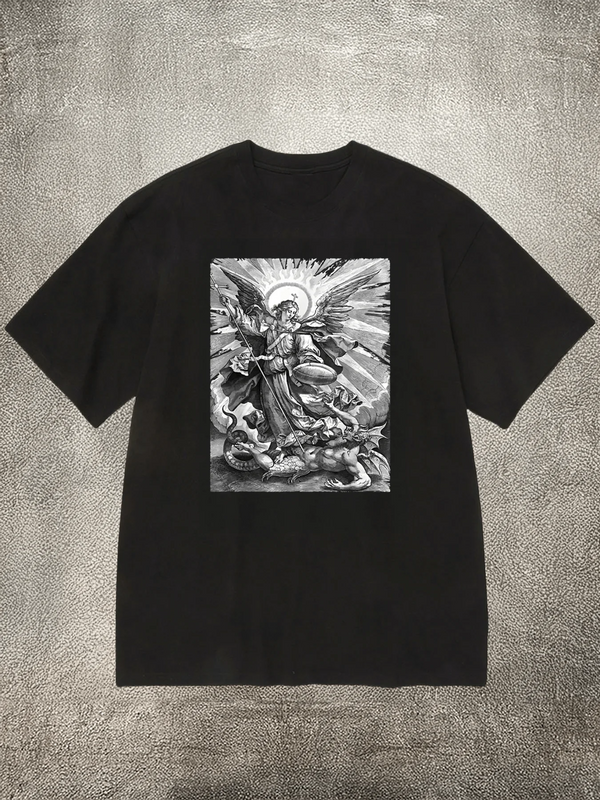 Men's Black 200g Cotton Crew - Neck Short - Sleeve T - Shirt with Angel Vs. Demon Heat - Transfer Print