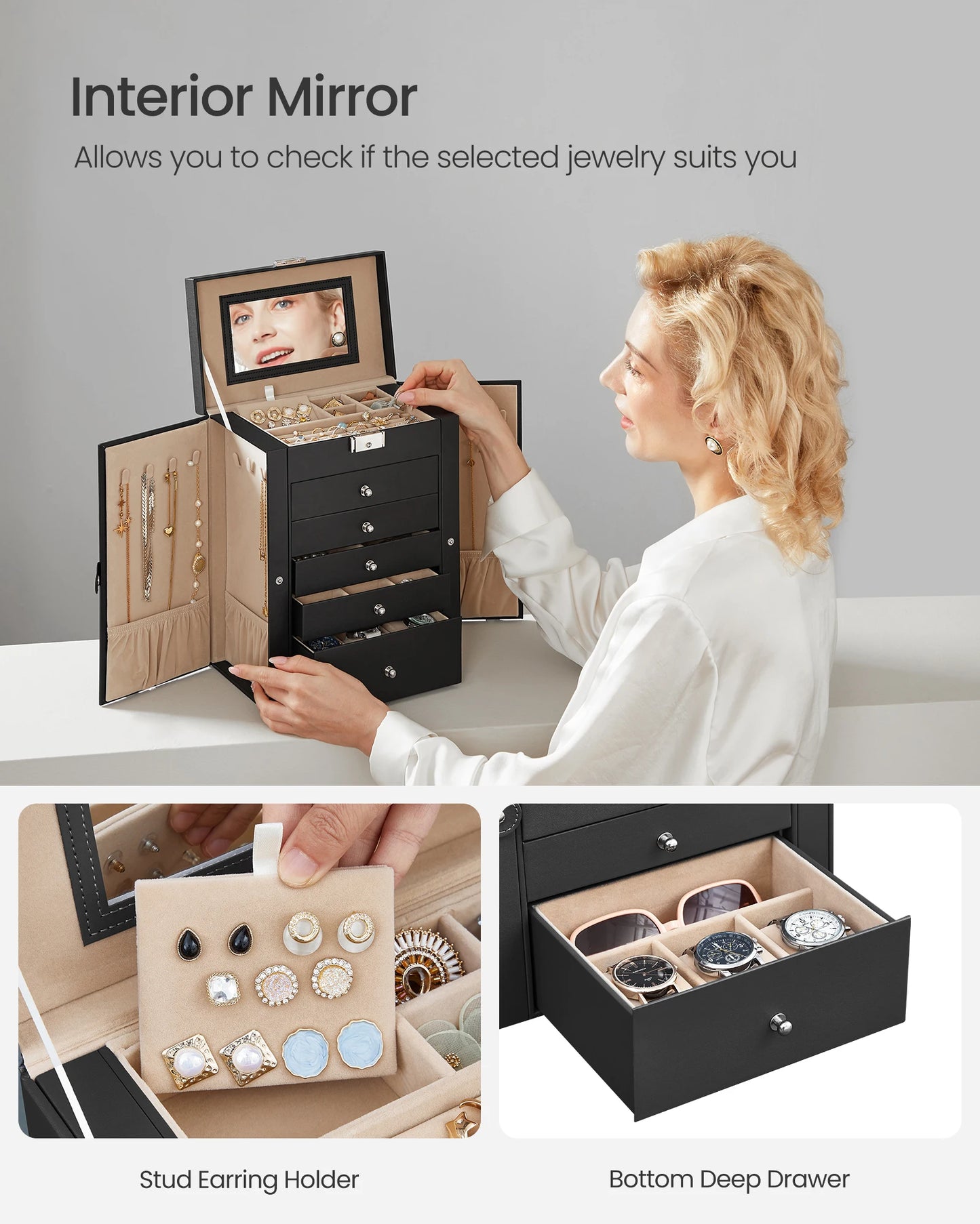 SONGMICS 6 Tier Jewelry Box, Jewelry Storage Organizer with 5 Drawers, Large Storage Capacity, with Mirror, Lockable