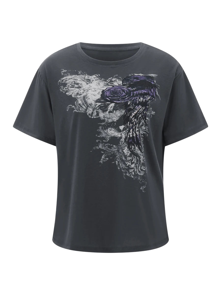 Women s Loose Gothic Tops Retro Graphic Print Short Sleeve Round-Neck Grunge Shirts for Summer Spring