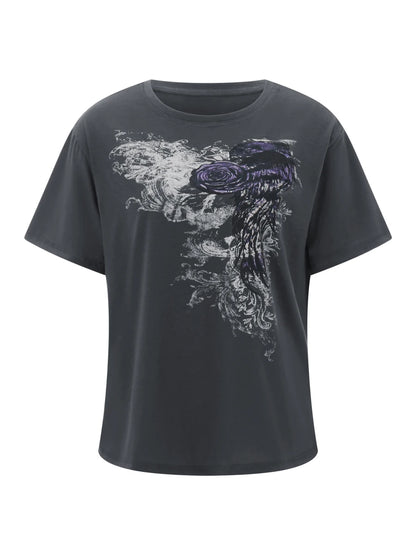 Women s Loose Gothic Tops Retro Graphic Print Short Sleeve Round-Neck Grunge Shirts for Summer Spring