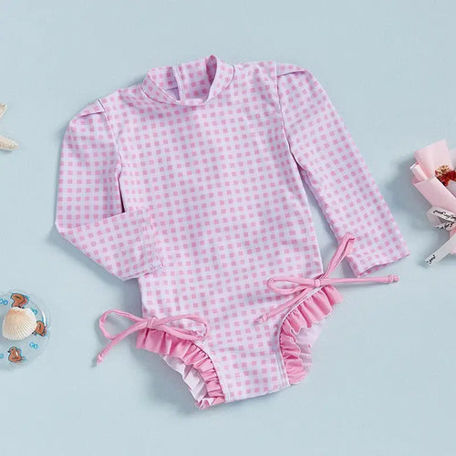 Women s Long Sleeve Rash Guard Swimsuit with Ruffle Trim and Floral Print  Bathing Suit Swim Romper for Girls