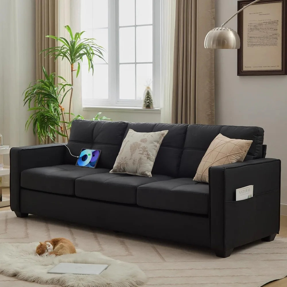 Faux Leater Sofa Couch Sectional Couches for Living Room, 88" Comfy Tufted Upholstery Sofas with USB & Type C Charger, Home 3 S