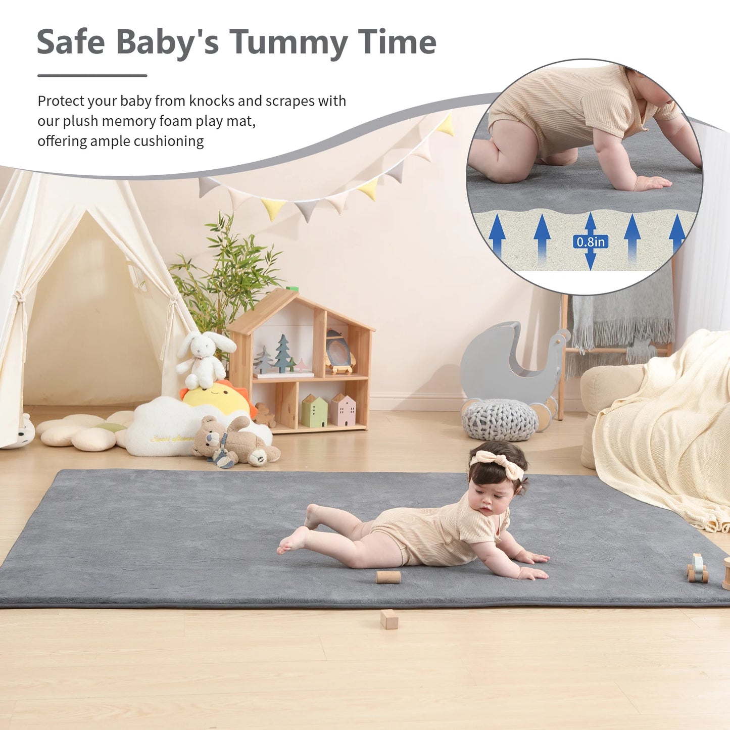 Gray Memory Foam Baby Play Mat for Playpen Thick Large Crawling Mat for Floor Soft Velvet Non-Slip for Kids Playroom Mat Rug