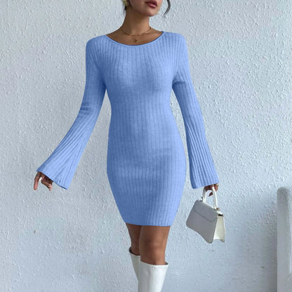 Solid Color High Quality Knitted Backless Dresses for Women Autumn Winter 2023 Elegant Long Sleeve Bodycon Casual Mini Dress