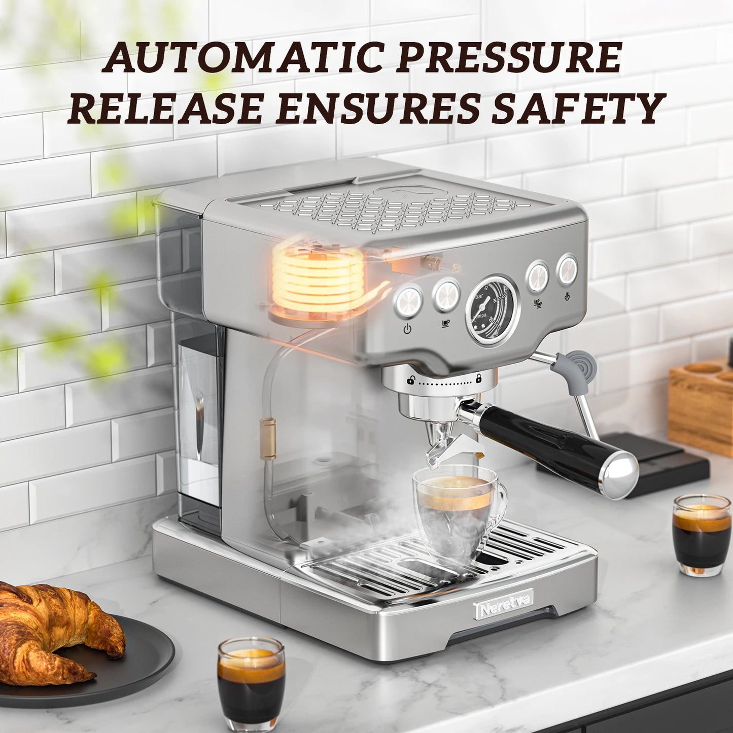 Neretva 15 Bar Espresso Machine with Milk Frother Steam Wand for Cappuccino, Latte, Macchiato, 1450W Professional Coffee Machine