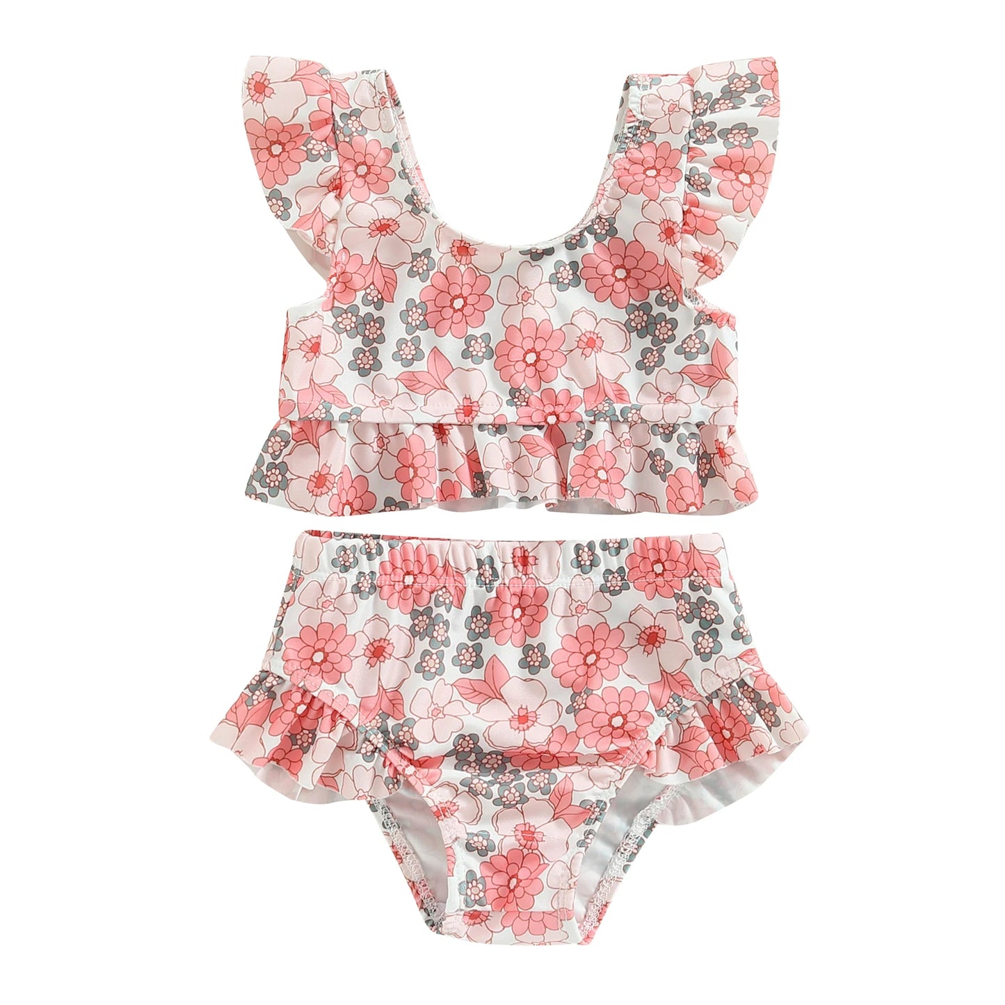 2022-12-09 Lioraitiin 0-3Years Toddler Baby Girl 2Pcs Bikini Set Flower/Bull Head Print Fly Sleeve Vest Briefs Bathing Swimsuit