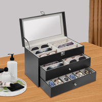 Glasses and Watch Organizer Box, Black Faux Leather 12-Watch Box and 12-Glasses Storage Jewelry Case with Drawer and Lock