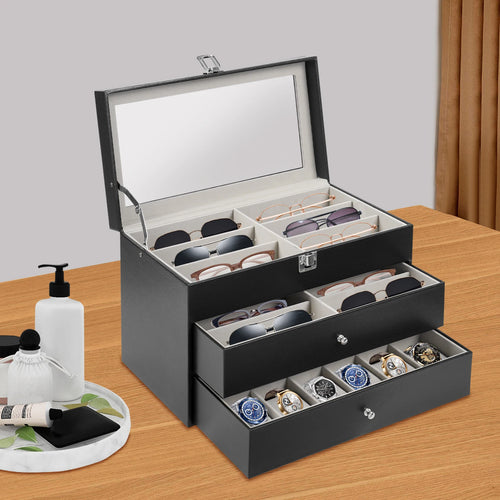 Glasses and Watch Organizer Box, Black Faux Leather 12-Watch Box and 12-Glasses Storage Jewelry Case with Drawer and Lock