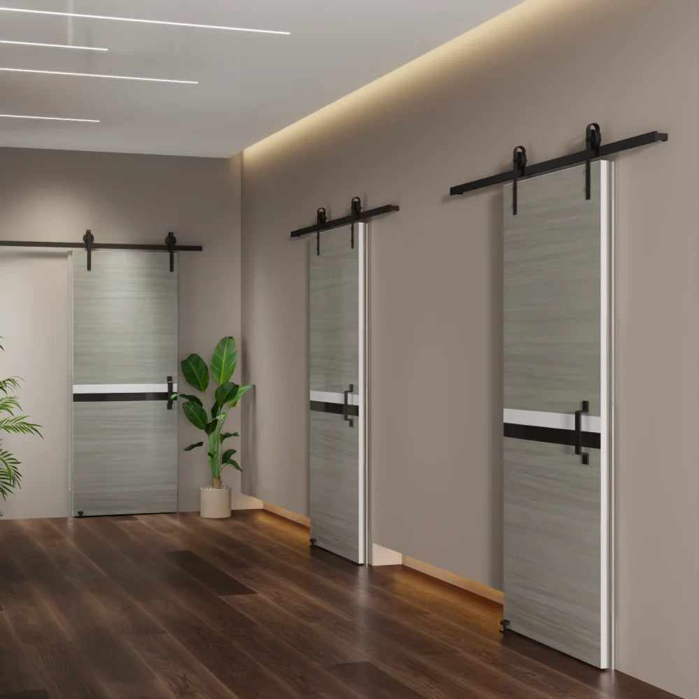 32" x 84" Melamine Integrated Door Slab + 6.6FT Sliding Track Kit + Adjustable Floor Guider + Pull Handle, Modern Interior Door