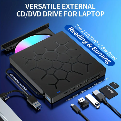 External Drive 7 IN 1 USB 3.0 Portable DVD Player,External Disk Drive Optical Compatible With Laptop Desktop PC Windows Linux OS