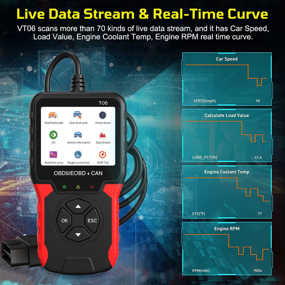 Battery Tester Auto Accessories Code Reader T06 Multi-language Support OBD2 Scanner Check Engine System Car Diagnostic Tool