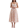 Women Summer Casual Midi Dress Floral Print Low-Cut Sleeveless Sling Sweet Dress Fashion Backless Temperament Dress