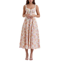 Women Summer Casual Midi Dress Floral Print Low-Cut Sleeveless Sling Sweet Dress Fashion Backless Temperament Dress