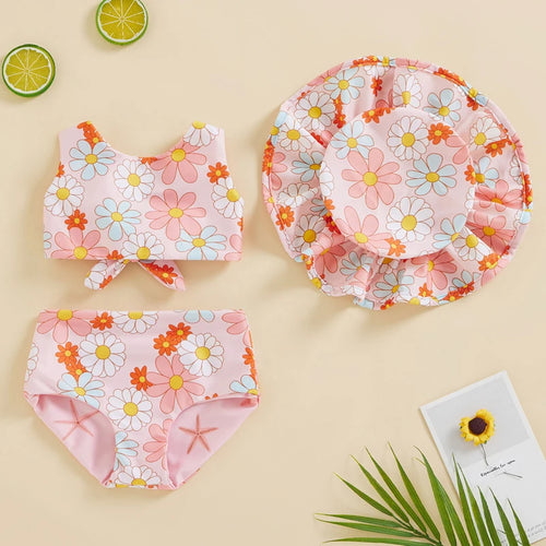 2022-12-13 Lioraitiin 0-4Years Toddler Girls Summer 3PCS Swimwear Sets Sleeveless Bow Tank Tops Floral PP Shorts Hat