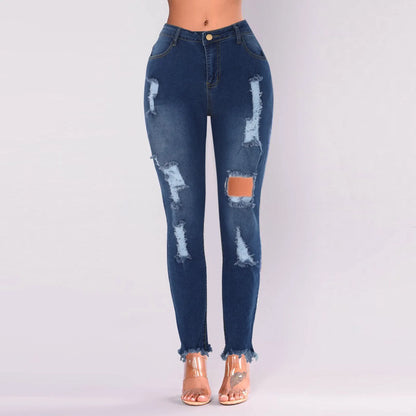 Fashion Hole Ripped Tassel Jeans Sexy High Waist Stretch Full Length Tight Denim Pants Women's Hip-lifting Distressed Trousers