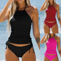 2025 Summer New Womens Swimsuit Neck Hanger Sleeveless Backless Crop Tops Solid Color Panties Bathing Suit Beachwear For Female