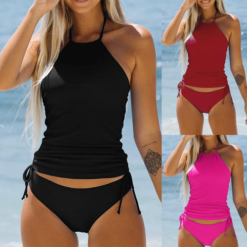 2025 Summer New Womens Swimsuit Neck Hanger Sleeveless Backless Crop Tops Solid Color Panties Bathing Suit Beachwear For Female