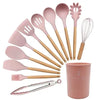 Cooking Utensils Set of 12 Silicone Kitchen Utensils With Solid Wood Handles and a Holder Bucket