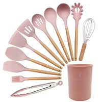 Cooking Utensils Set of 12 Silicone Kitchen Utensils With Solid Wood Handles and a Holder Bucket