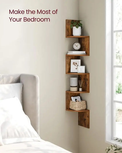 Corner Shelf Wall Mount, 5-Tier Floating Corner Bookshelf, Plant Shelf for Bedroom, Living Room, Bathroom, Home Office