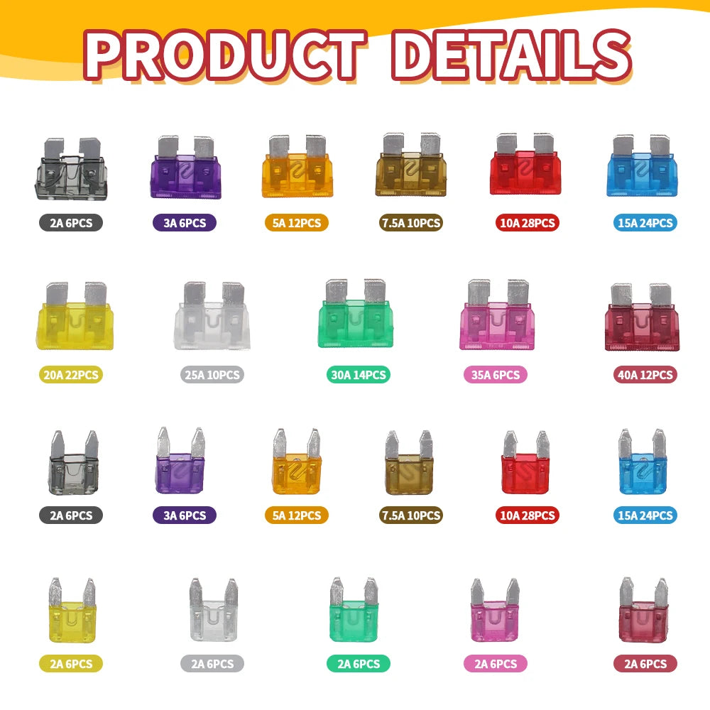 300pcs Fuse Car Blade Fuse Assortment Assorted Kit 5/7/10/15/20/25/30A Mini Small Size Blade Set Auto Truck Automotive Fuse