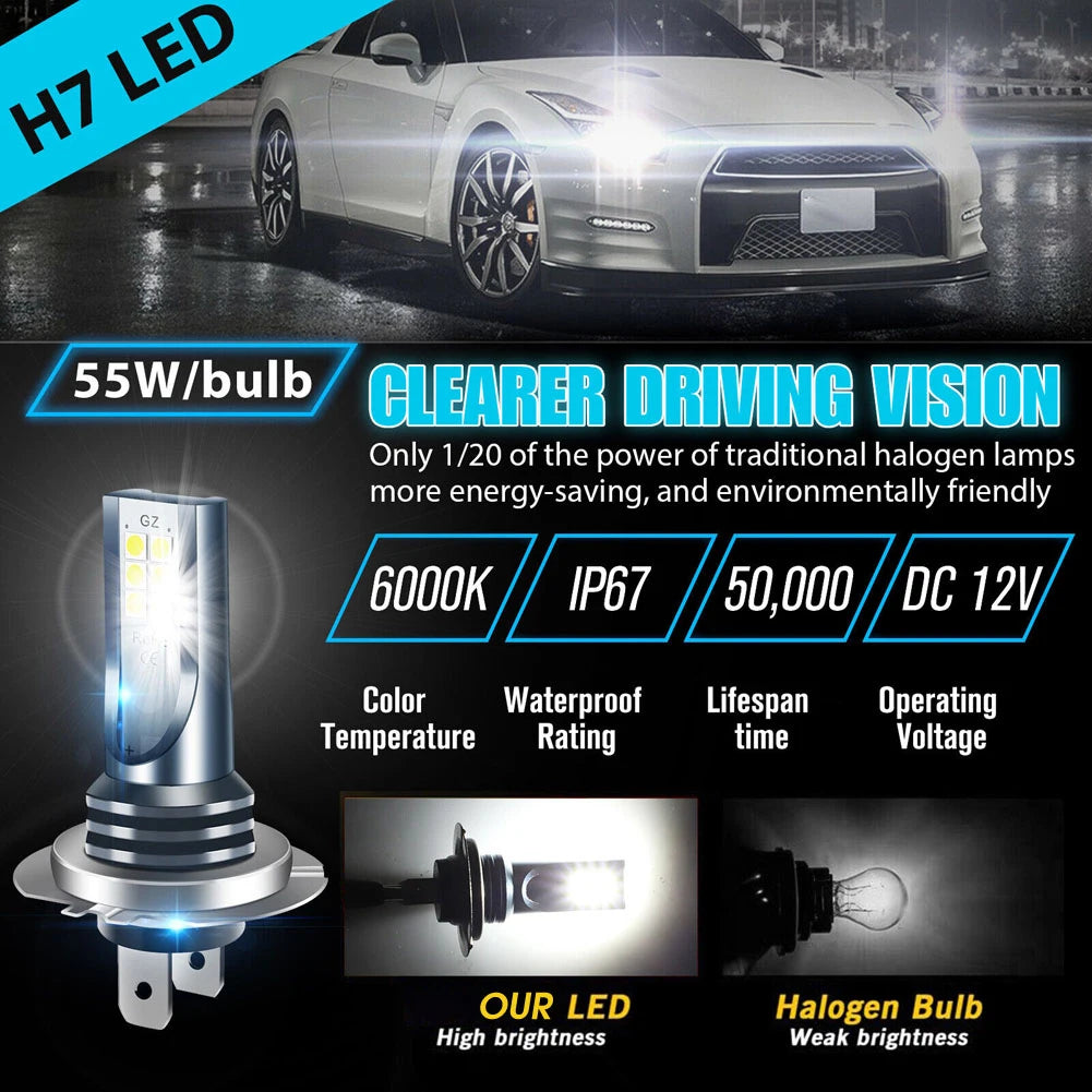Car H7 Led Headlight Bulb High Power Car Lights Super Bright Car Fog Light Bulbs Auto High Low Beam 6000K White Led Light 12/24V
