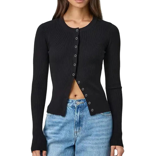 Ribbed Knit Cardigan T-shirt Long Sleeve Women Slim Fit O-neck Crop Top Button Korean Chic Women Clothing Sweater Streetwear New