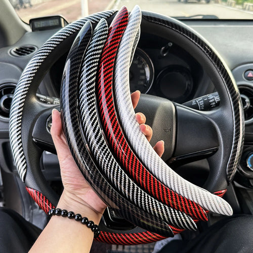 3PCS Laser Carbon Fiber Silicone Car Round Steering Wheel Cover Fiber Leather Wheel Booster Auto Cover Non-Slip Universal parts