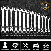 DEKO 13-piece Flex-Head Ratcheting Combination Wrench Set 5/16"-1" SAE 72-Tooth Cr-V Ratche Wrenches with Roll-up Pouch