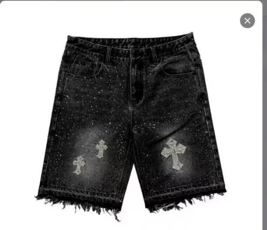 Retro Gothic Y2k Sweatpants Oversized Iron Diamond Pattern Denim Shorts for Men Hip Hop Punk Low Waist Gym Shorts Streetwear