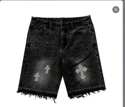 Retro Gothic Y2k Sweatpants Oversized Iron Diamond Pattern Denim Shorts for Men Hip Hop Punk Low Waist Gym Shorts Streetwear
