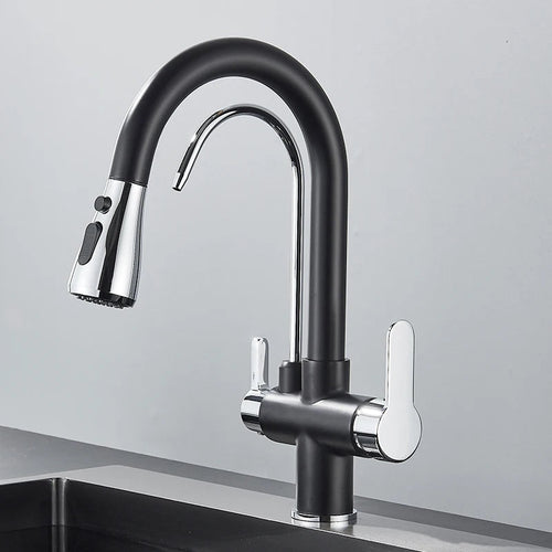 Quyanre Matte Black Filtered Crane For Kitchen Pull Out Spray 360 Rotation Water Filter Tap Three Ways Sink Mixer Kitchen Faucet EzBuyCo