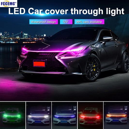 2M 12V Car Hood Daytime Running Light Strip Waterproof Flexible LED Auto Decorative Atmosphere Lamp Ambient Backlight Universal