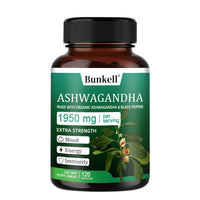 Organic Ashwagandha Capsules 1950mg - with Black Pepper, Helps Relaxation, Mood, Energy, Immunity, Antioxidant, Gluten Free