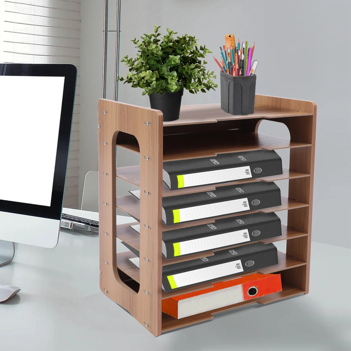 7-tier Widen Wood Paper Desktop Organizer File Holder Document Book Magazine Storage Shelf Rack for Home Office School Classroom
