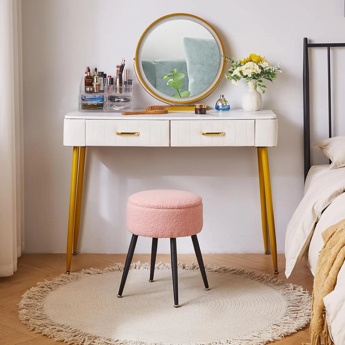 Vanity Stool, Pink Vanity Chair with Storage, Foot Stools Ottoman Small, Soft Faux Teddy Fur Stool with 4 Metal Legs