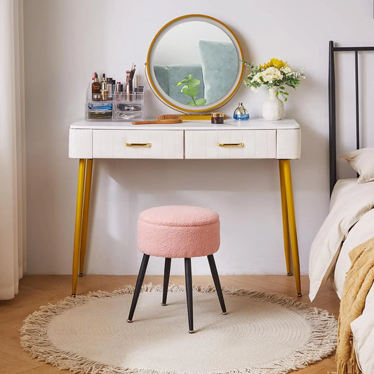 Vanity Stool, Pink Vanity Chair with Storage, Foot Stools Ottoman Small, Soft Faux Teddy Fur Stool with 4 Metal Legs