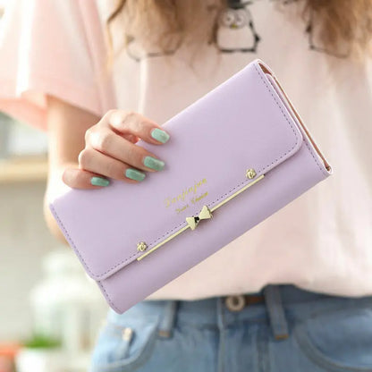 Women Student Cute Bowknot PU Leather Wallet Trifold Large Capacity Card Holder Money Purse Long Phone Handbag