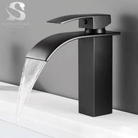 Bathroom Black Waterfall Basin Sink Faucet Brass Cold Hot Water Mixer Vanity Tap Deck Mounted Washbasin Tap