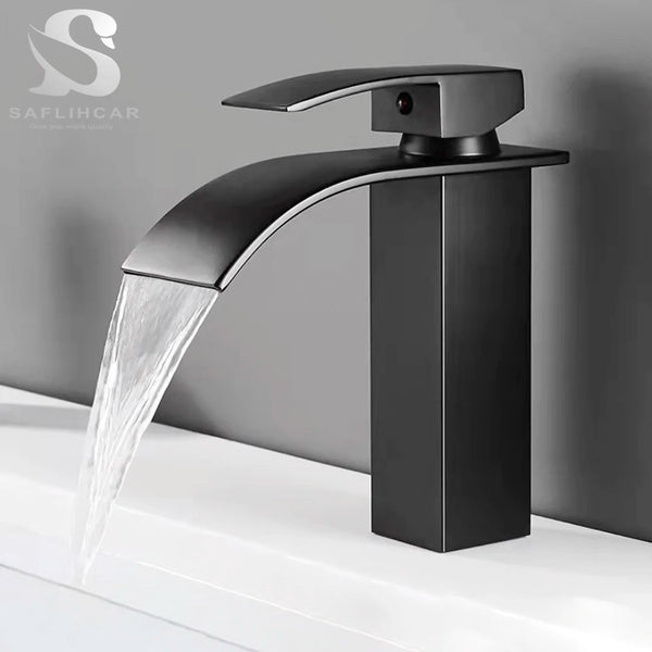 Bathroom Black Waterfall Basin Sink Faucet Brass Cold Hot Water Mixer Vanity Tap Deck Mounted Washbasin Tap