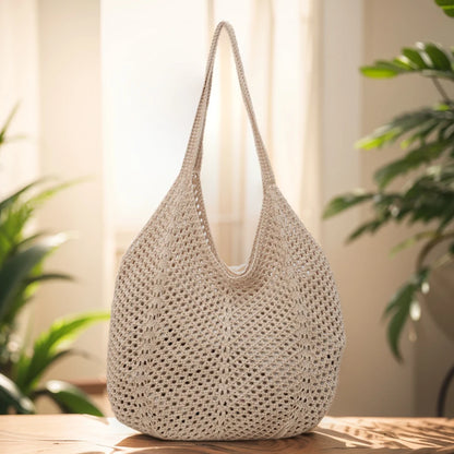 Women Hollow Summer Bag Solid Color Aesthetic Hobo Bag Large Capacity Knitted Tote Handbag Ladies Daily Handbag
