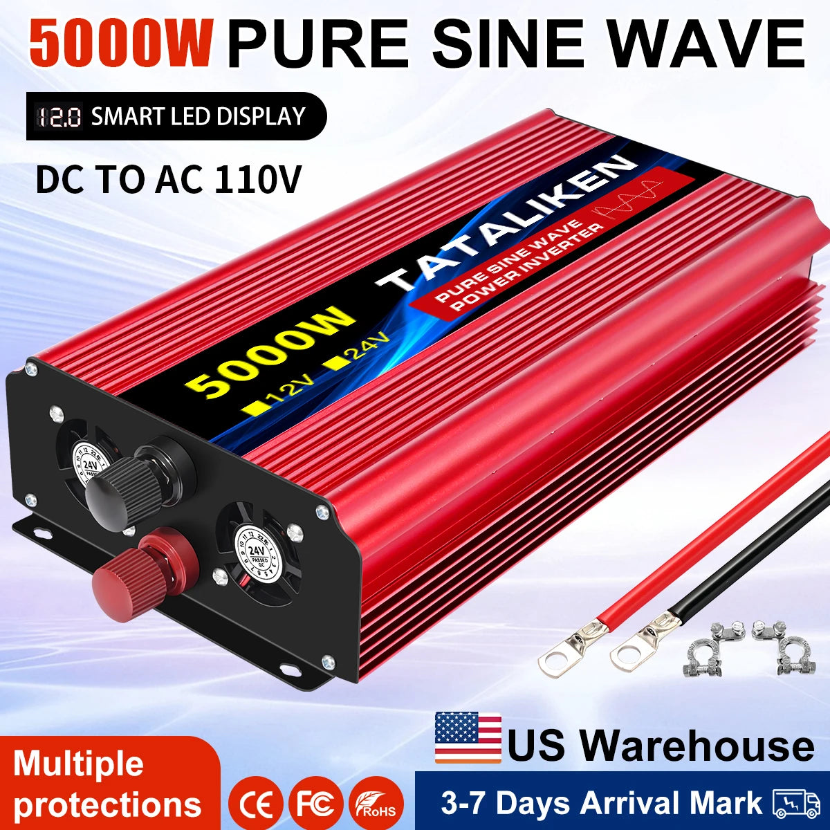 US Socket 12V To AC 110V 60HZ Pure Sine Wave Inverter Car Power 1600W/2200W/3000W Voltage Portable Converter with LED EzBuyCo