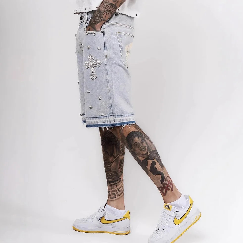 Retro Gothic Y2k Sweatpants Oversized Iron Diamond Pattern Denim Shorts for Men Hip Hop Punk Low Waist Gym Shorts Streetwear